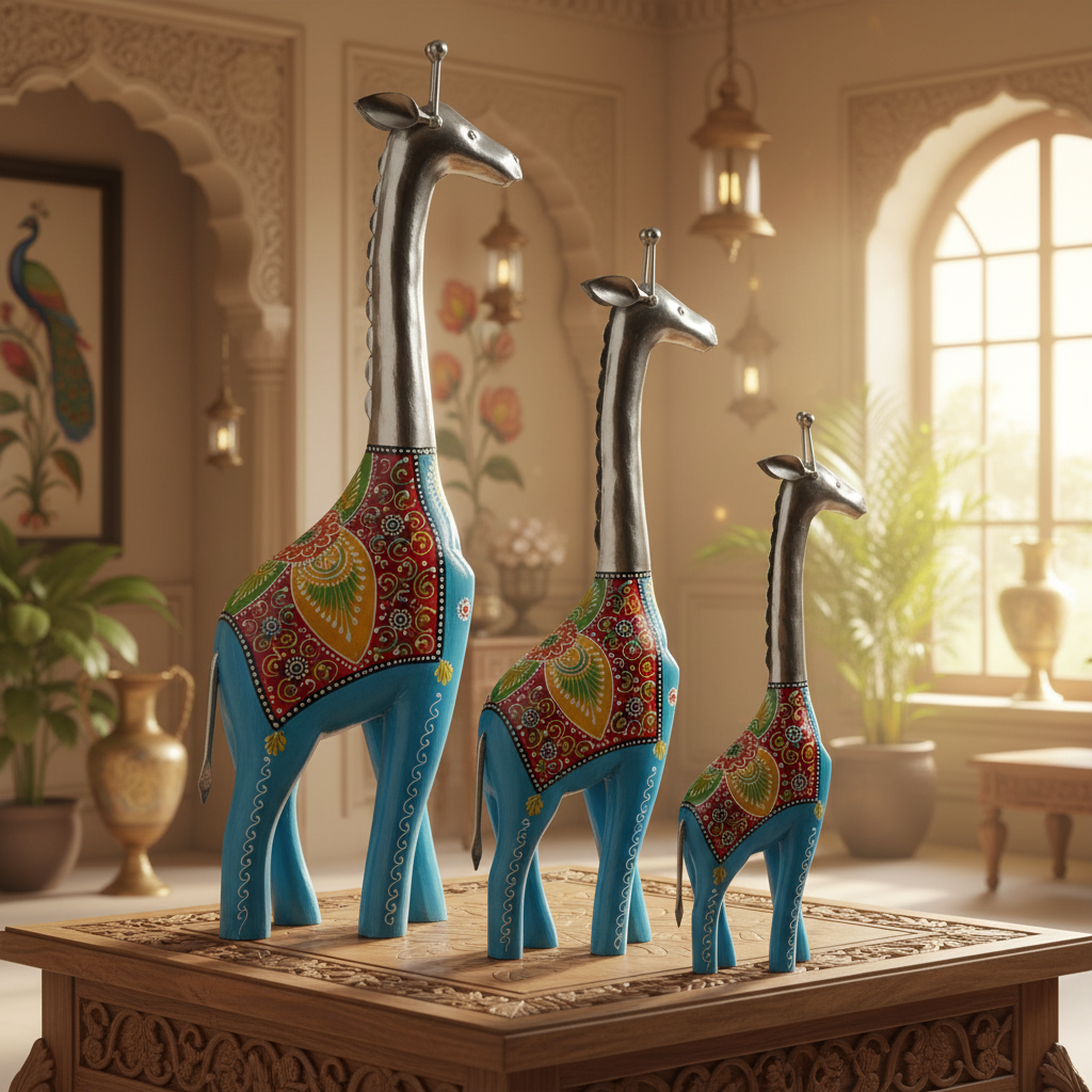 Decorative Handcrafted Giraffe Figurine Set – Metal Finish & Hand Painted Traditional Art