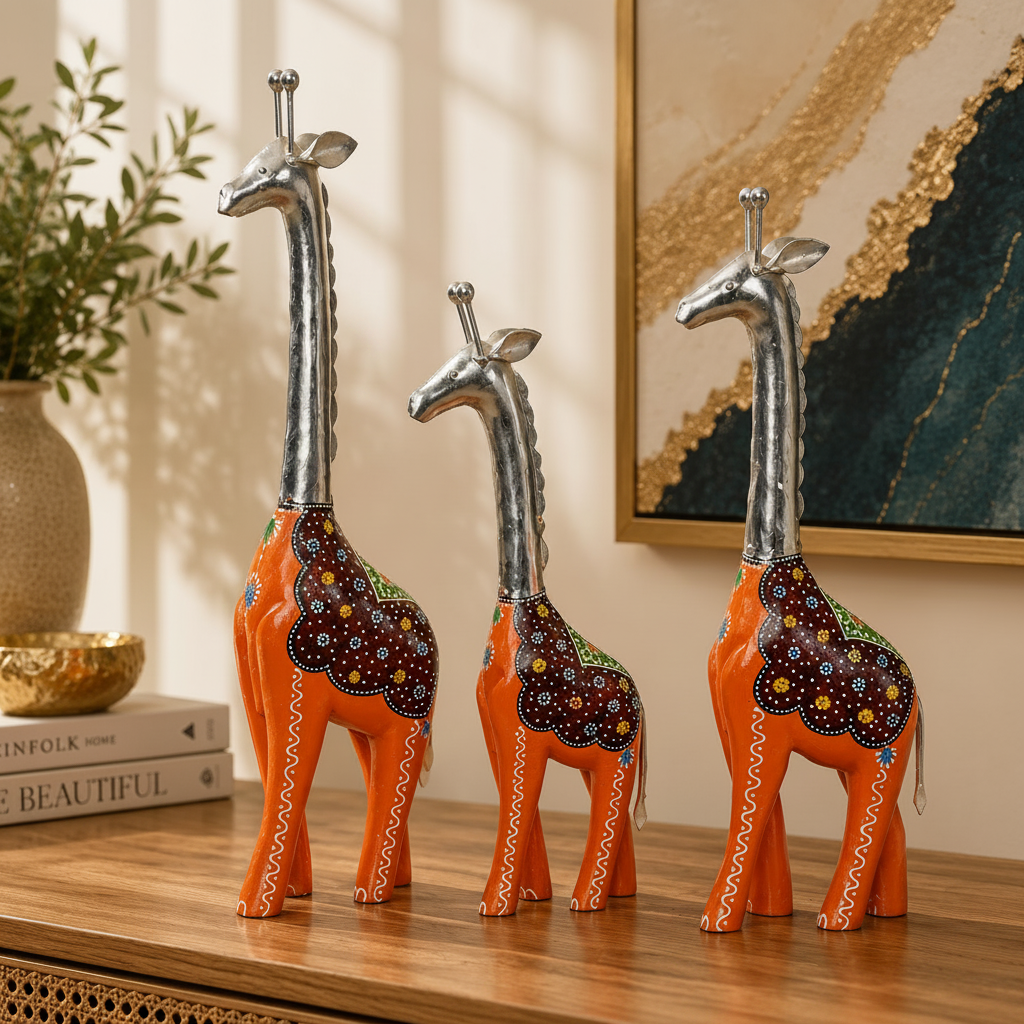 Decorative Handcrafted Giraffe Figurine Set – Metal Finish & Hand Painted Traditional Art