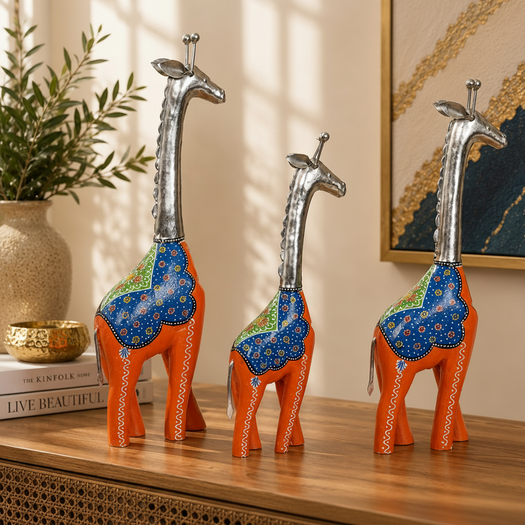 Decorative Handcrafted Giraffe Figurine Set – Metal Finish & Hand Painted Traditional Art