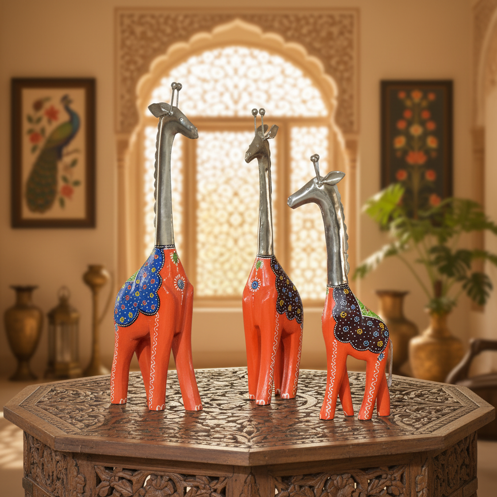 Decorative Handcrafted Giraffe Figurine Set – Metal Finish & Hand Painted Traditional Art