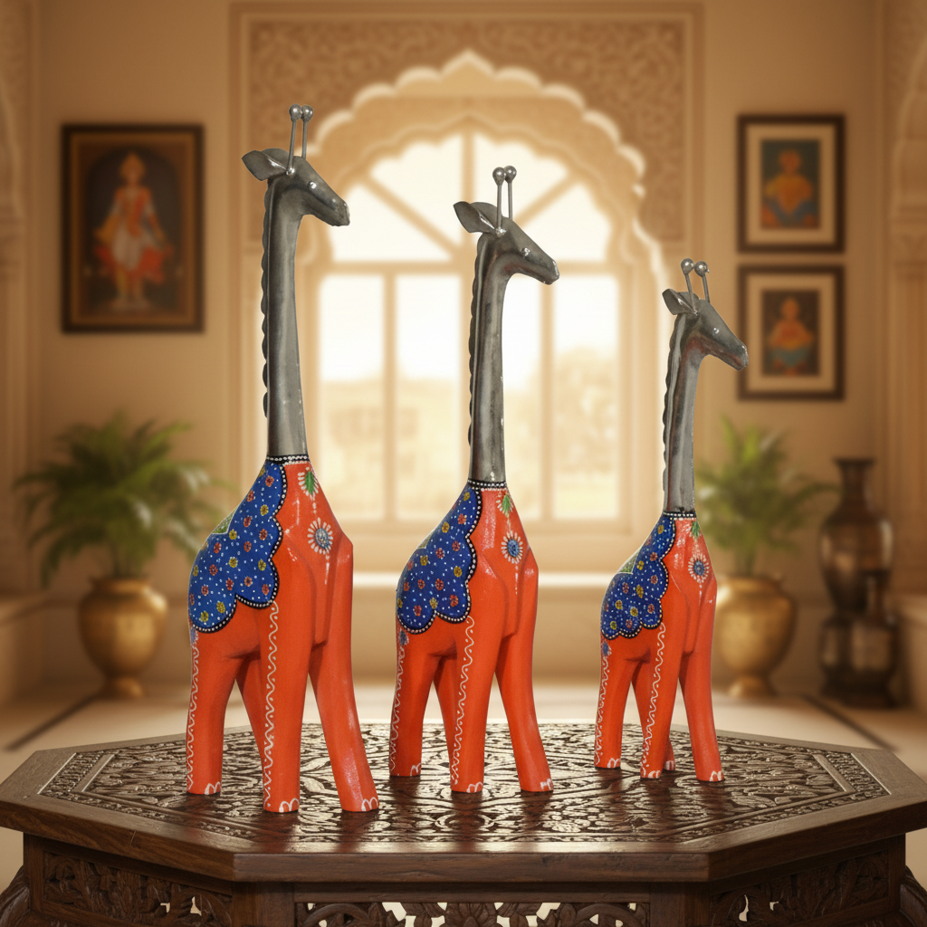 Decorative Handcrafted Giraffe Figurine Set – Metal Finish & Hand Painted Traditional Art