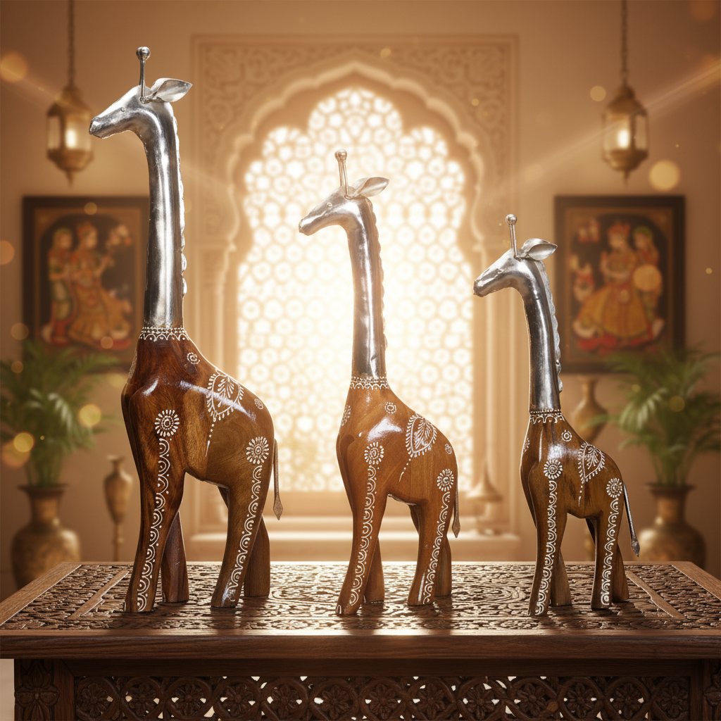 Decorative Handcrafted Giraffe Figurine Set – Metal Finish & Hand Painted Traditional Art