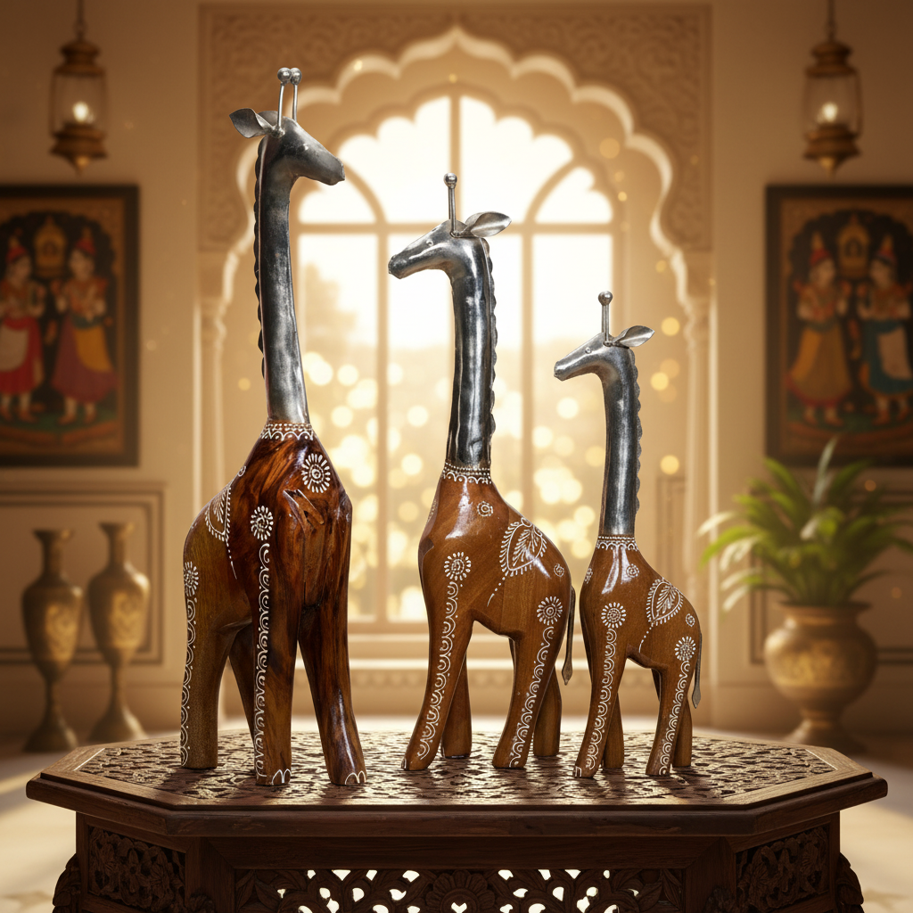 Decorative Handcrafted Giraffe Figurine Set – Metal Finish & Hand Painted Traditional Art