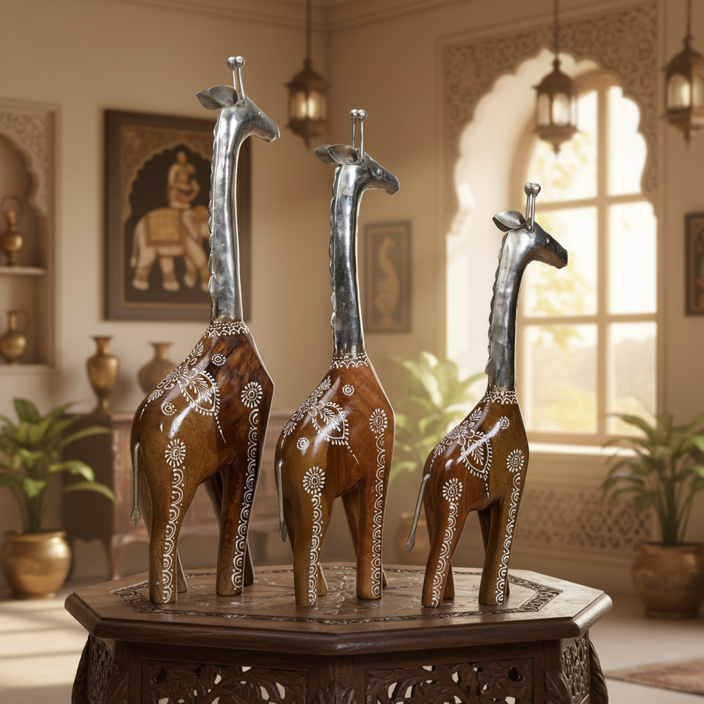 Decorative Handcrafted Giraffe Figurine Set – Metal Finish & Hand Painted Traditional Art