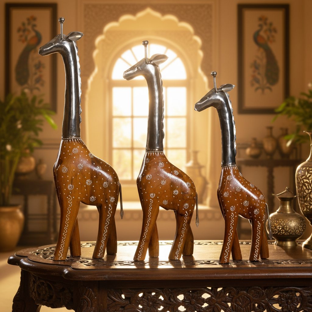 Decorative Handcrafted Giraffe Figurine Set – Metal Finish & Hand Painted Traditional Art