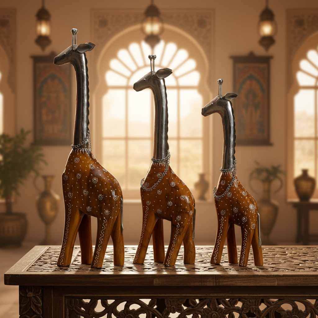 Decorative Handcrafted Giraffe Figurine Set – Metal Finish & Hand Painted Traditional Art