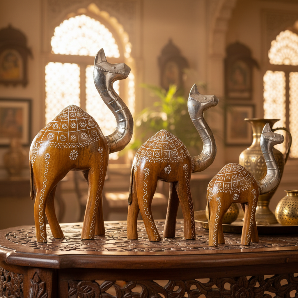 Decorative Handcrafted Camel Sculpture Set – Brown Natural  Hand Painted Finish