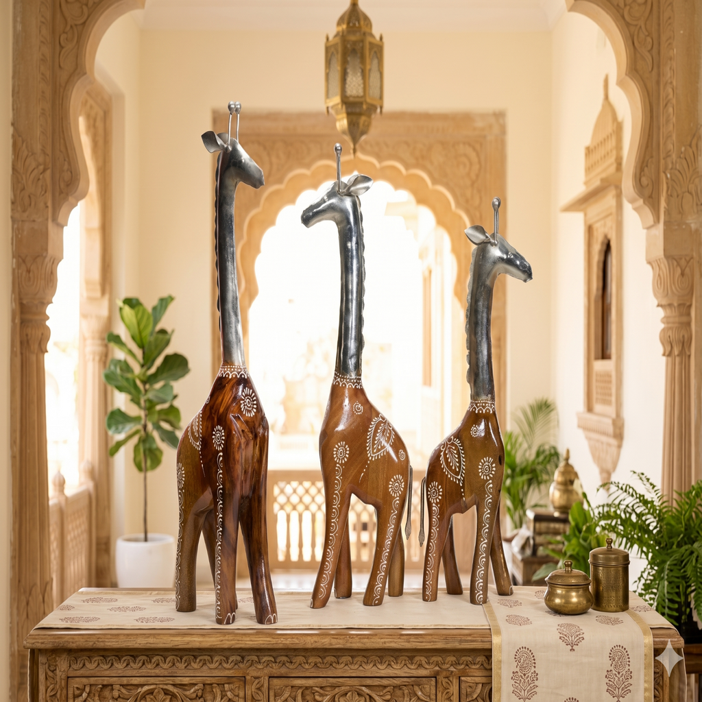 Decorative Handcrafted Giraffe Figurine Set – Metal Finish & Hand Painted Traditional Art