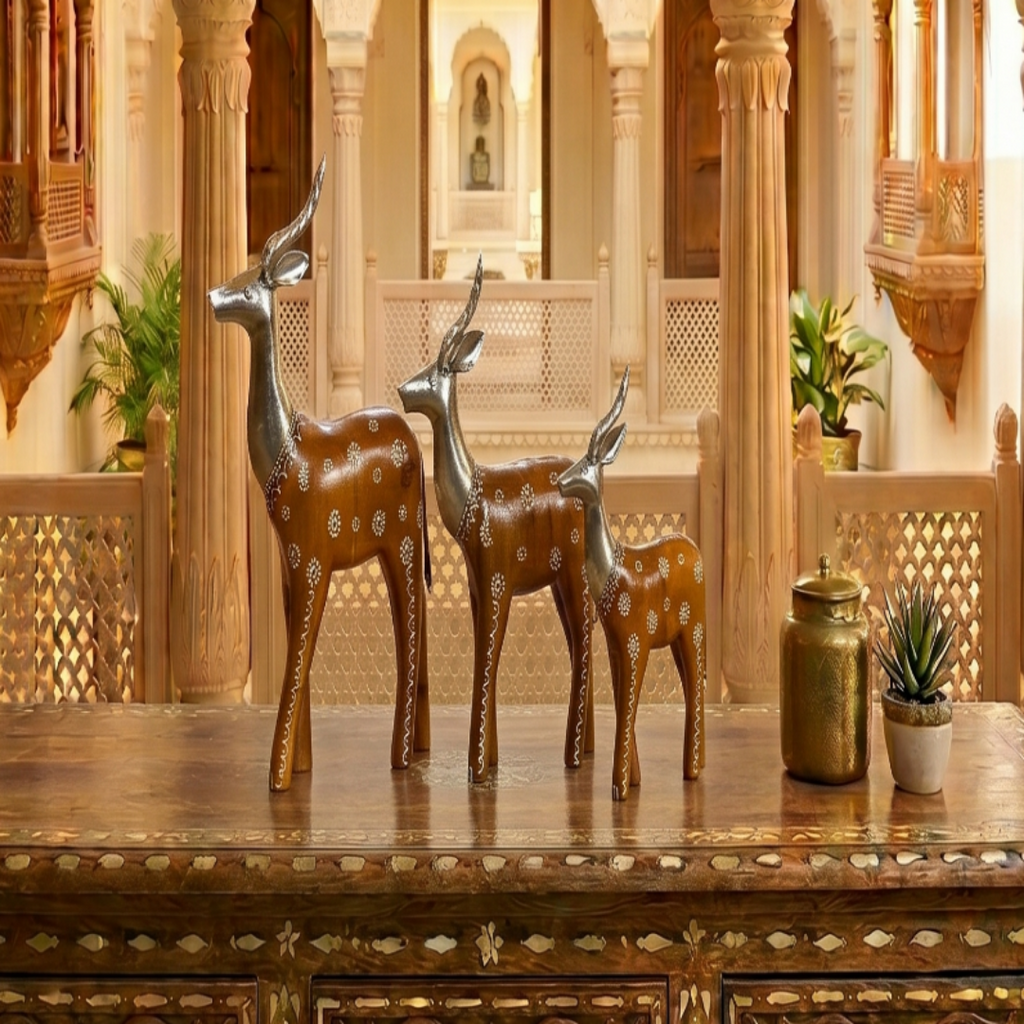 Decorative Handcrafted Deer Figurine Set – Antique Mustard Finish