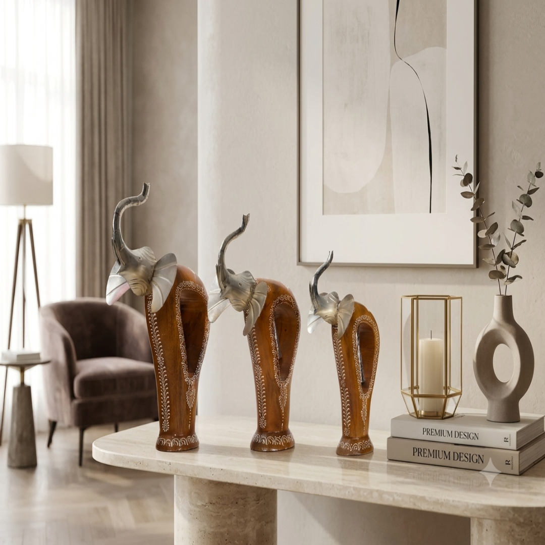 Decorative Handcrafted Elephant Figurine Set with Bell Accent – Metal & Hand Painted Finish