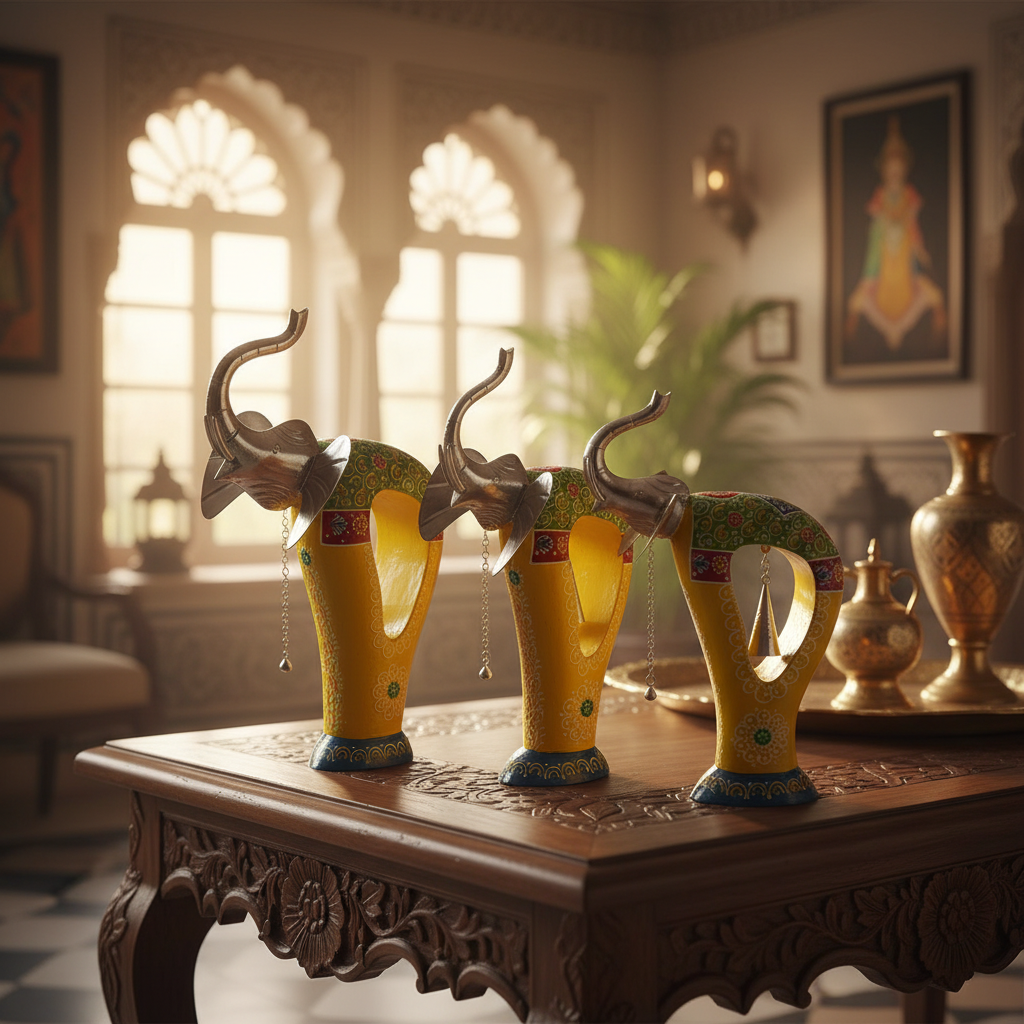 Decorative Handcrafted Elephant Figurine Set with Bell Accent – Metal & Hand Painted Finish