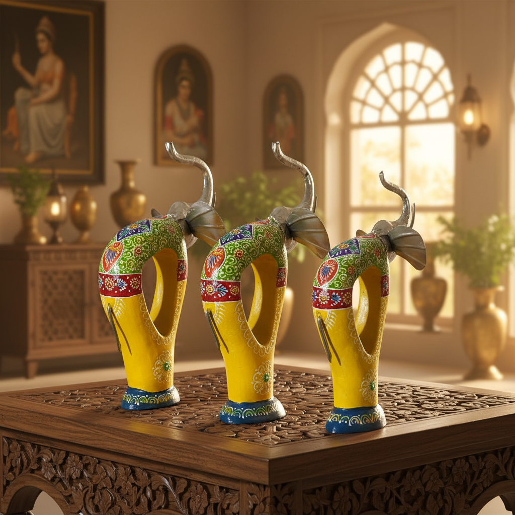 Decorative Handcrafted Elephant Figurine Set with Bell Accent – Metal & Hand Painted Finish