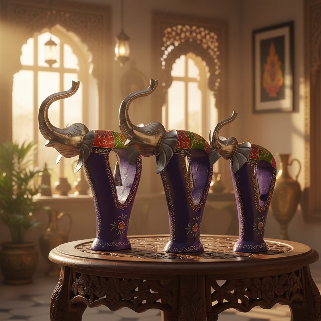 Decorative Handcrafted Elephant Figurine Set with Bell Accent – Metal & Hand Painted Finish