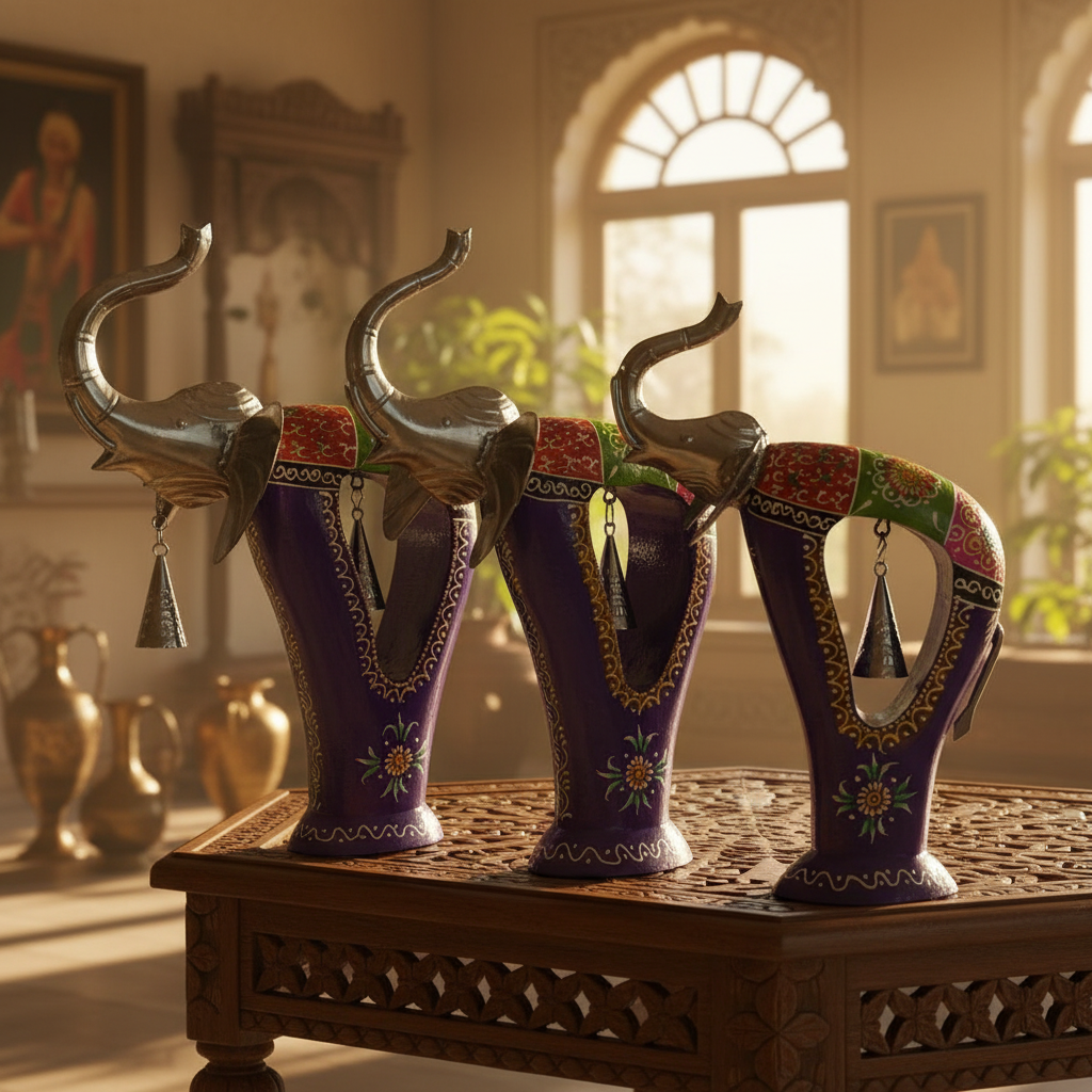 Decorative Handcrafted Elephant Figurine Set with Bell Accent – Metal & Hand Painted Finish
