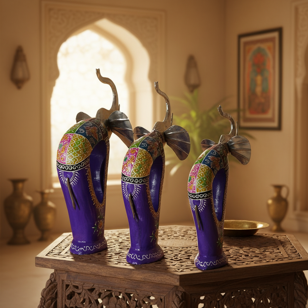 Decorative Handcrafted Elephant Figurine Set with Bell Accent – Metal & Hand Painted Finish