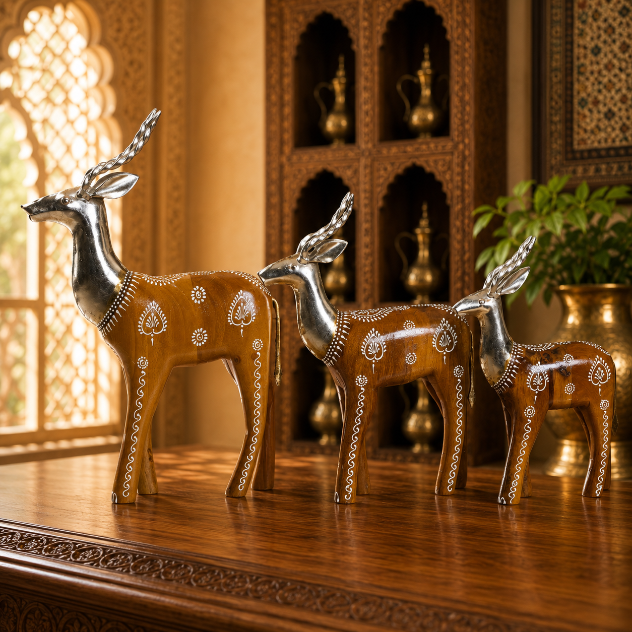 Decorative Handcrafted Deer Figurine Set – Antique Mustard Finish