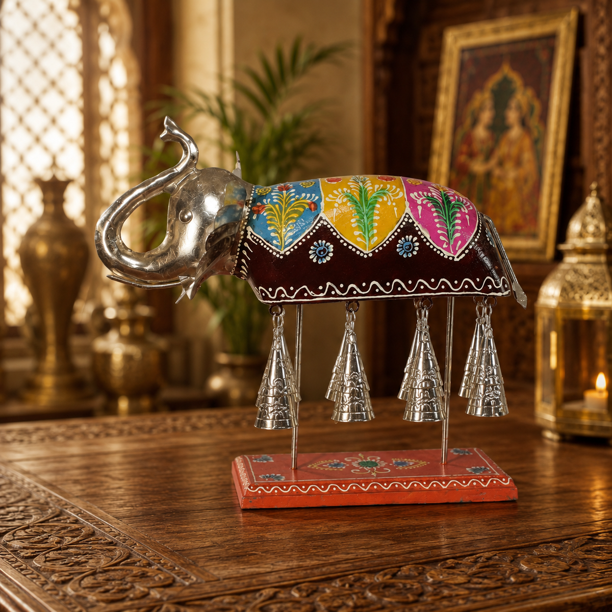 Decorative Handcrafted Elephant Sculpture with Hanging Bells – Multicolor Hand Painted Finish