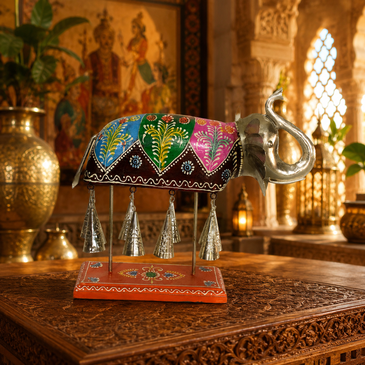 Decorative Handcrafted Elephant Sculpture with Hanging Bells – Multicolor Hand Painted Finish