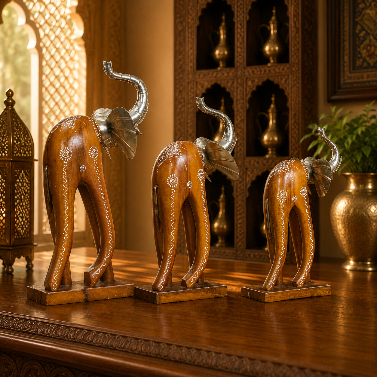 Decorative Handcrafted Elephant Figurine Set – Brown Natural  Hand Painted Finish