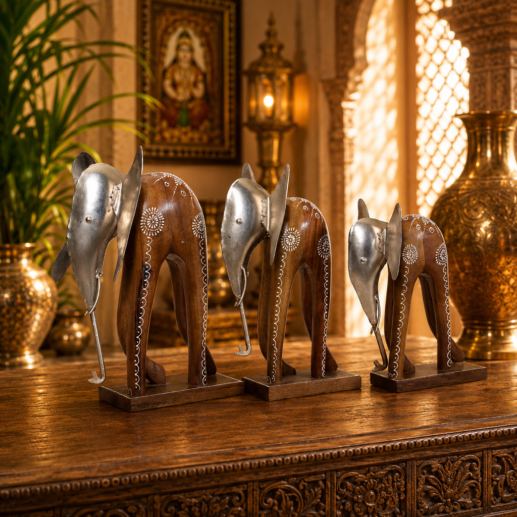 Decorative Handcrafted Elephant Figurine Set – Metal Finish & Hand Painted Traditional Art