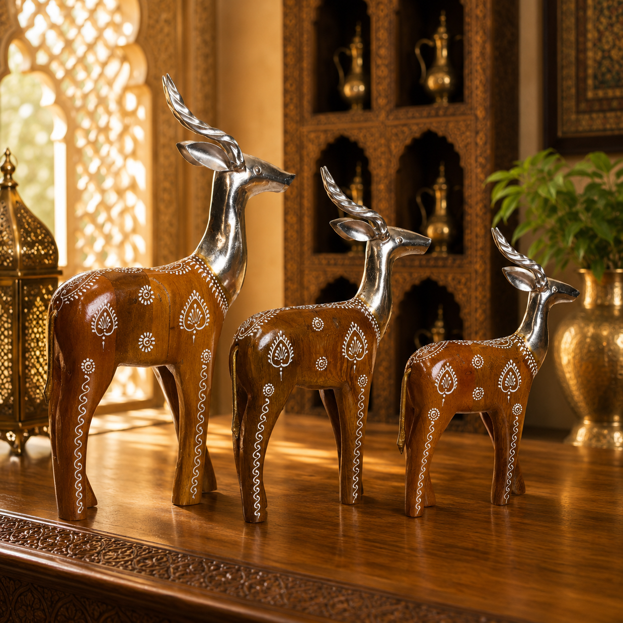 Decorative Handcrafted Deer Figurine Set – Antique Mustard Finish