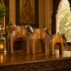 Decorative Handcrafted Elephant Figurine Set – Metal & Hand Painted Finish