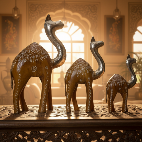 Decorative Handcrafted Camel Sculpture Set – Brown Natural  Hand Painted Finish