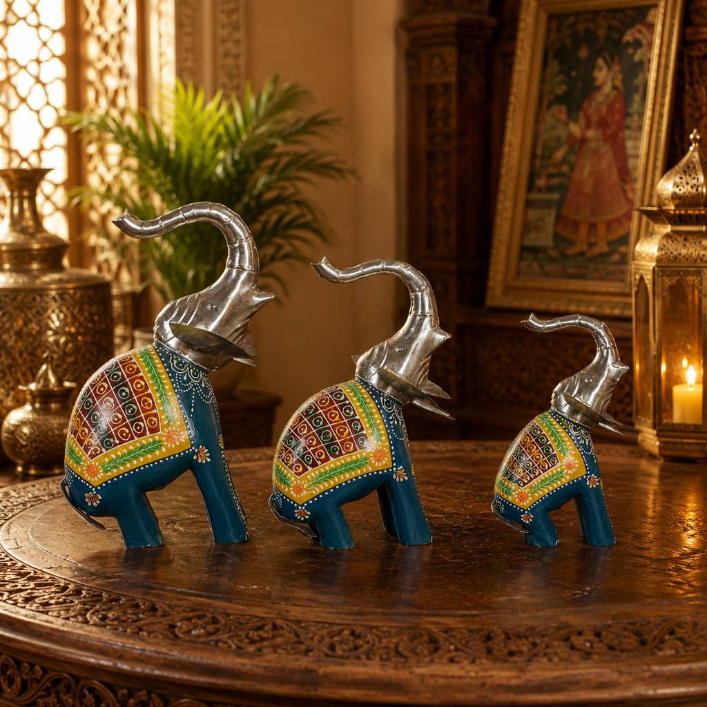 Decorative Handcrafted Elephant Figurine Set – Metal & Hand Painted Finish