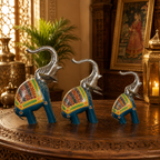 Decorative Handcrafted Elephant Figurine Set – Metal & Hand Painted Finish