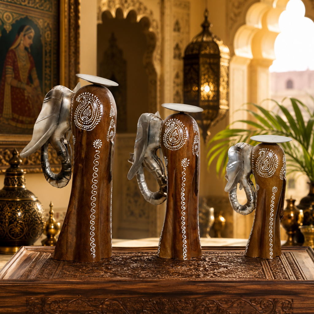 Decorative Handcrafted Elephant Candle Holder Set – Metal & Hand Painted Finish