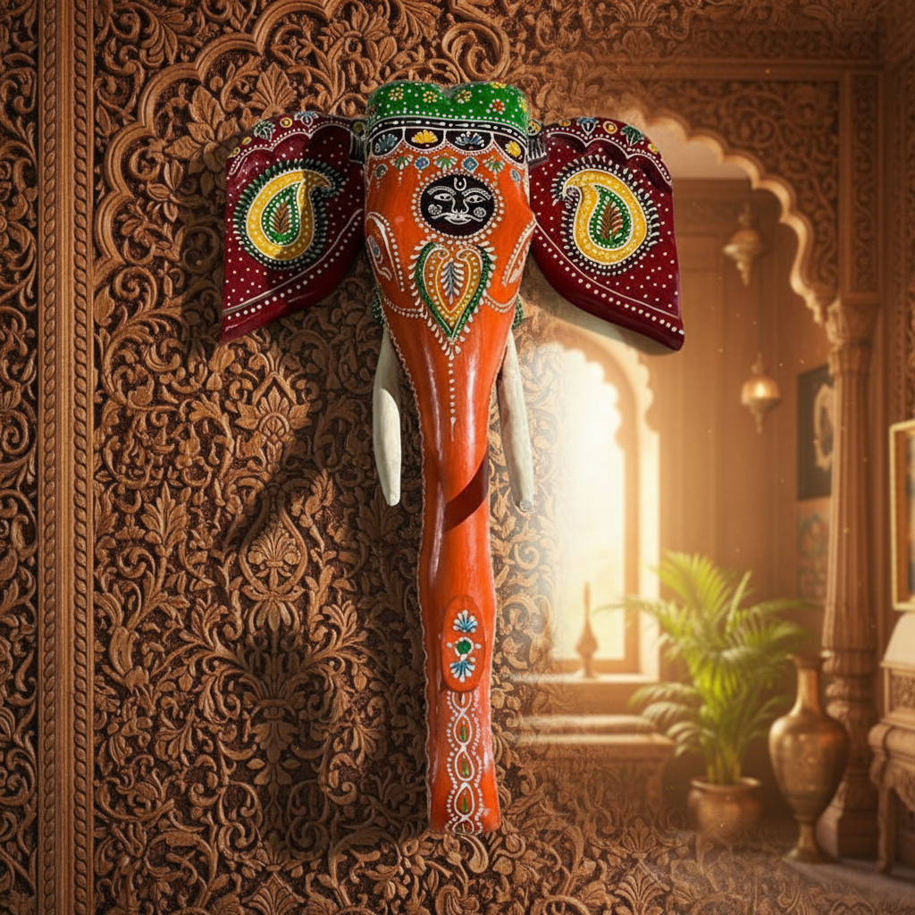Decorative Handcrafted Elephant Big Head Wall Hanging – Hand Painted Traditional Art