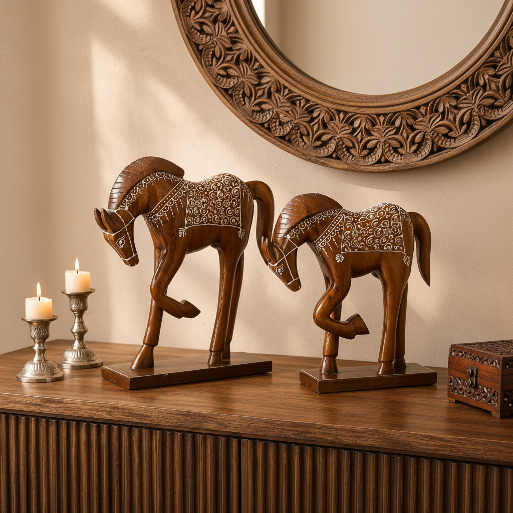 Decorative Handcrafted Wooden Horse Figurine Set – Hand Painted Traditional Art
