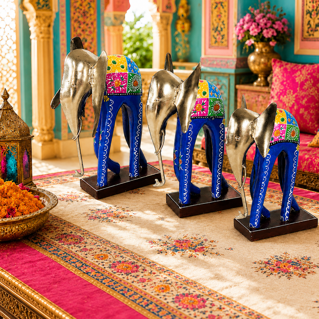 Decorative Handcrafted Elephant Figurine Set – Metal Finish & Hand Painted Traditional Art