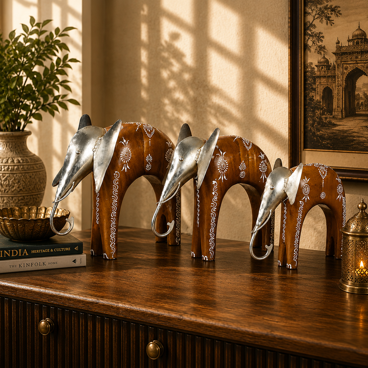 Decorative Handcrafted Elephant Figurine Set – Metal Finish & Hand Painted Traditional Art