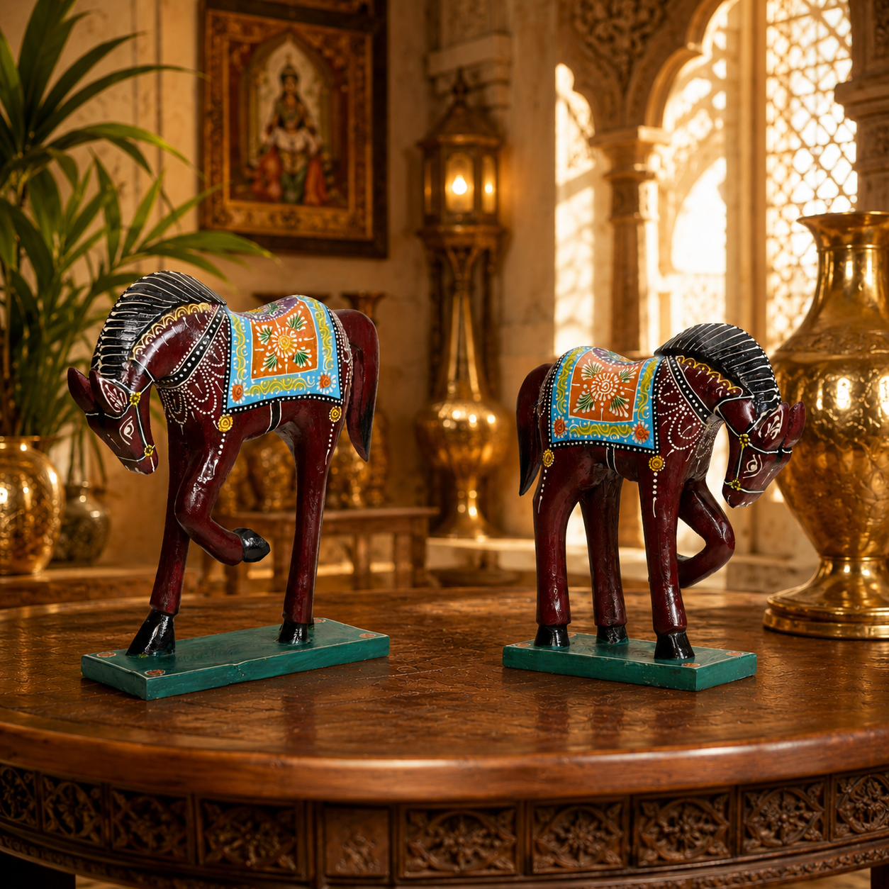Decorative Handcrafted Wooden Horse Figurine Set – Hand Painted Traditional Art