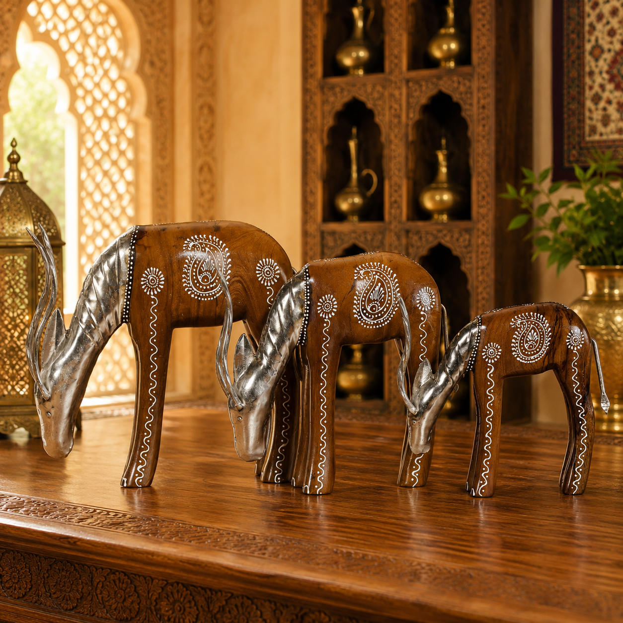 Decorative Handcrafted Deer Figurine Set – Brown Natural  Hand Painted Finish