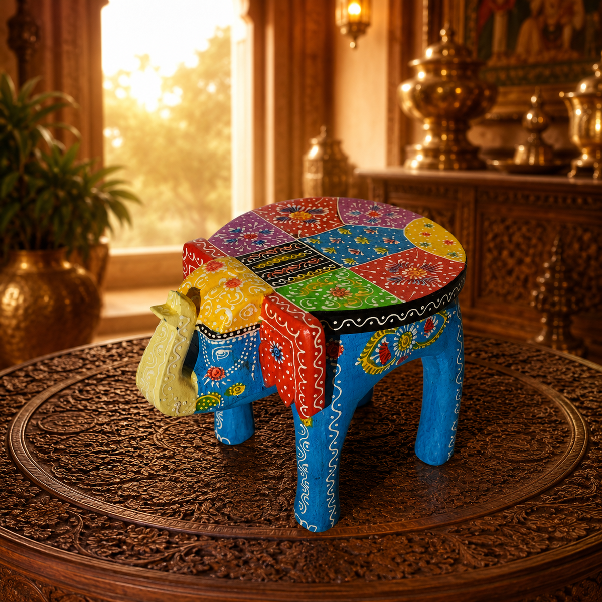 Handcrafted Wooden Elephant Stool – Traditional Hand-Painted Decorative Accent Table