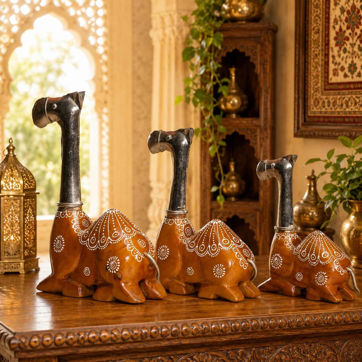 Decorative Handcrafted Camel Sculpture Set – Brown Natural  Hand Painted Finish