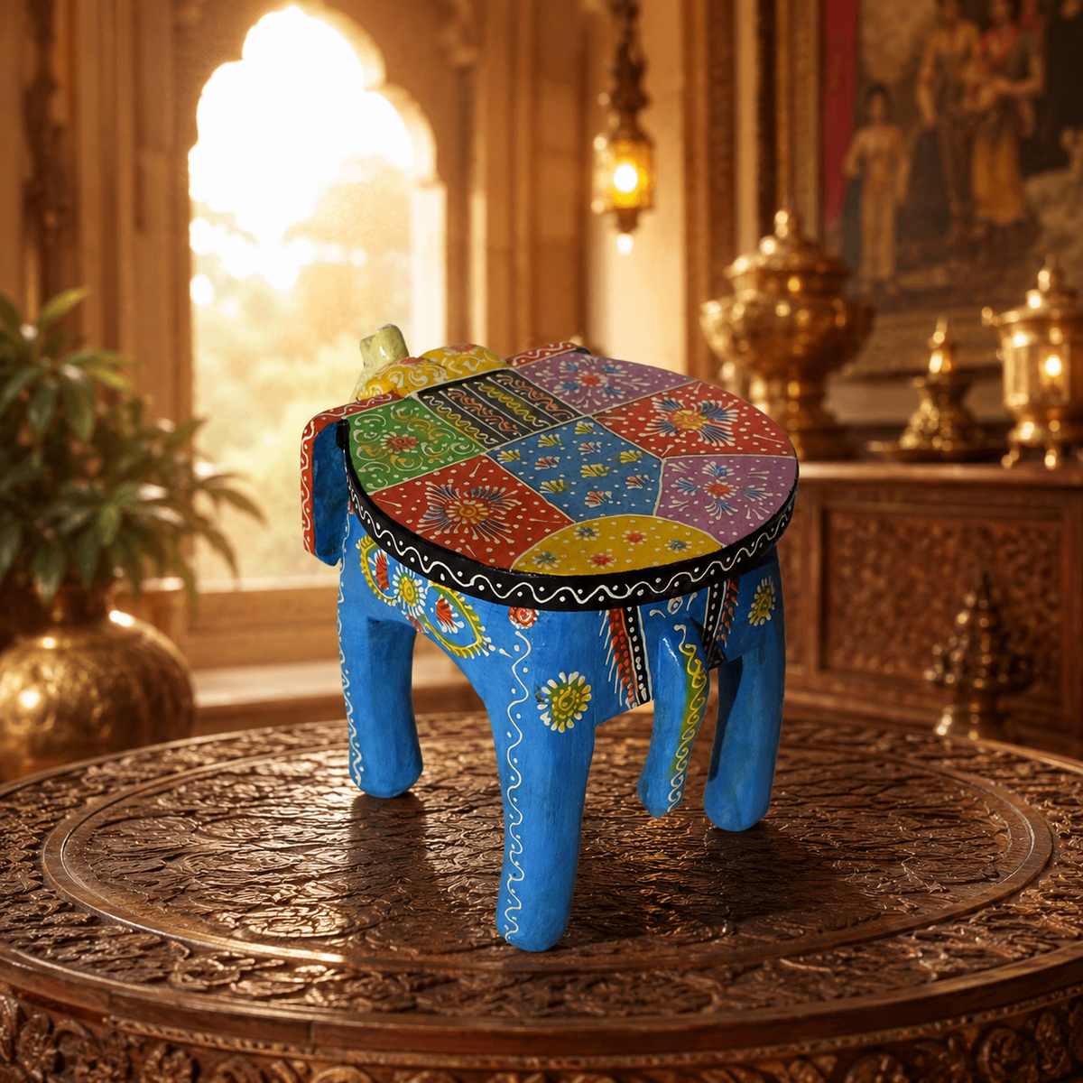 Handcrafted Wooden Elephant Stool – Traditional Hand-Painted Decorative Accent Table
