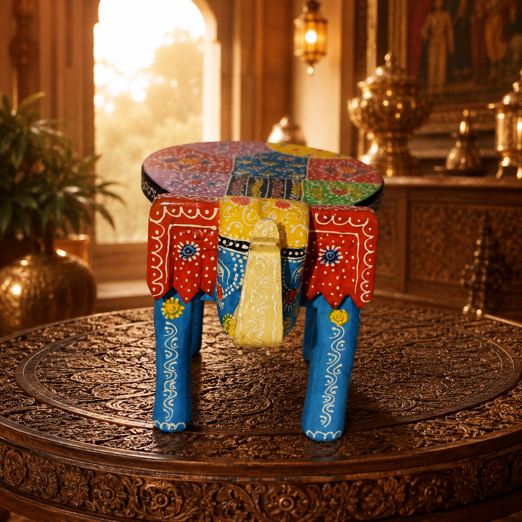 Handcrafted Wooden Elephant Stool – Traditional Hand-Painted Decorative Accent Table