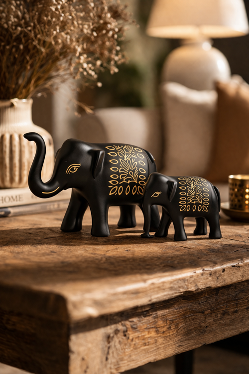 Handcrafted Black Elephant Decor Set with Gold Detailing | Luxury Tabletop Accent