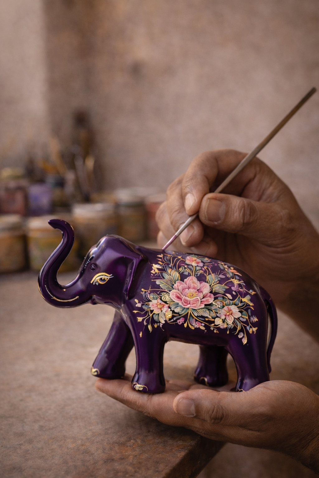 Handcrafted Floral Elephant Figurine – Purple Decorative Showpiece for Home & Living