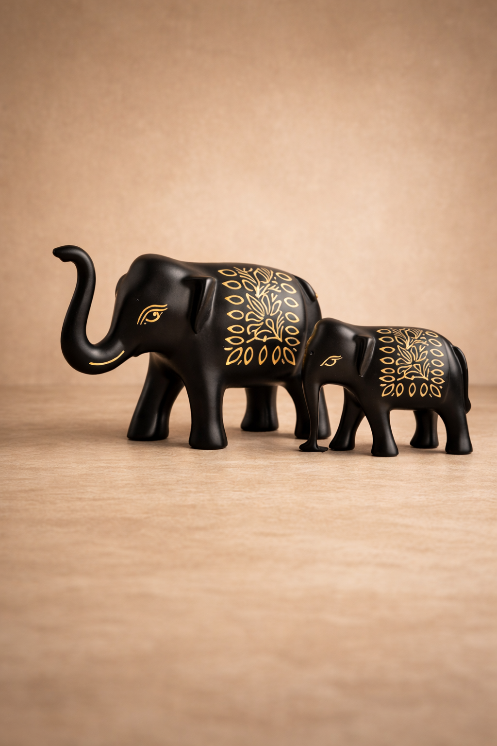 Handcrafted Black Elephant Decor Set with Gold Detailing | Luxury Tabletop Accent