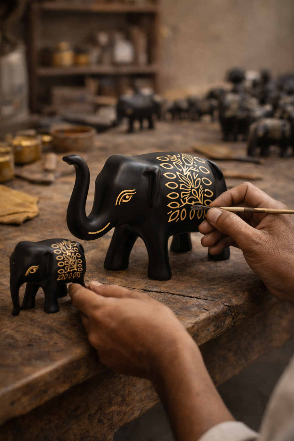 Handcrafted Black Elephant Decor Set with Gold Detailing | Luxury Tabletop Accent