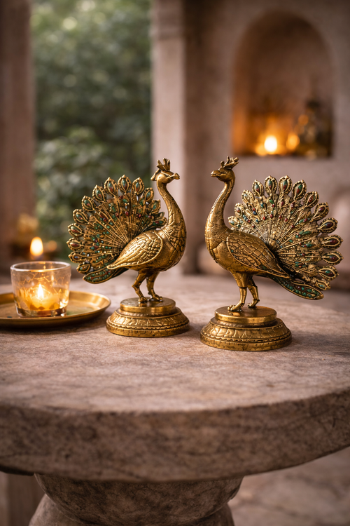 Handcrafted Brass Peacock Figurine Set for Home Decor | Luxury Decorative Showpiece Pair