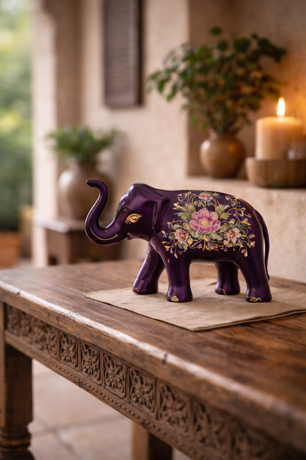 Handcrafted Floral Elephant Figurine – Purple Decorative Showpiece for Home & Living